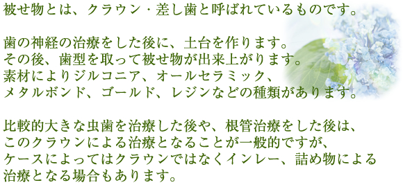 被せ物とは、クラウン・差し歯と呼ばれているものです。歯の神経の治療をした後に、土台を作ります。その後、歯型を取って被せ物が出来上がります。素材によりジルコニア、オールセラミック、メタルボンド、ゴールド、レジンなどの種類があります。比較的大きな虫歯を治療した後や、根管治療をした後は、このクラウンによる治療となることが一般的ですが、ケースによってはクラウンではなくインレー、詰め物による治療となる場合もあります。